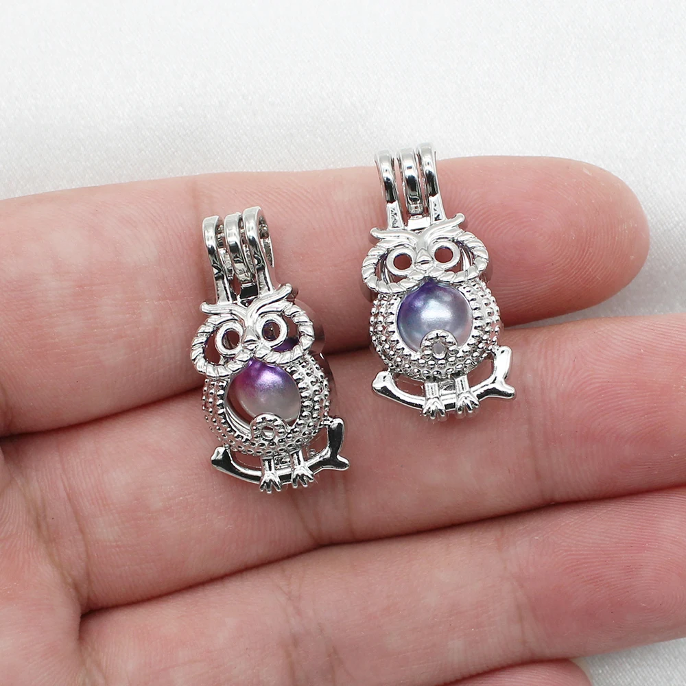 

10pcs Silver Plated Color Hollow Cute Owl Oyster Pearl Cage Lockets Perfume Essential Oil Diffuser Cage Pendant Jewelry Charms