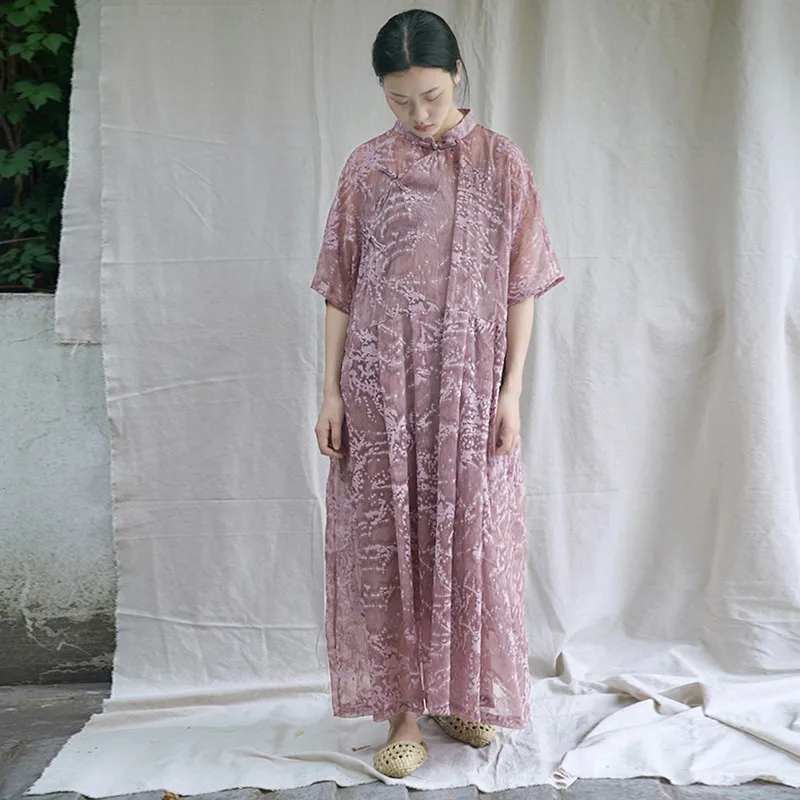 

Johnature Summer New Chinese National Style Print Dresses Stand Collar 2019 Women Short Batwing Sleeve Plate Buckle Dresses