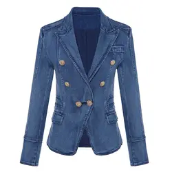 Высокое качество 2018 Мода Новый моющаяся джинсовая ткань изысканный версия двойной ряд металлическими пуговицами женские пальто Блейзер