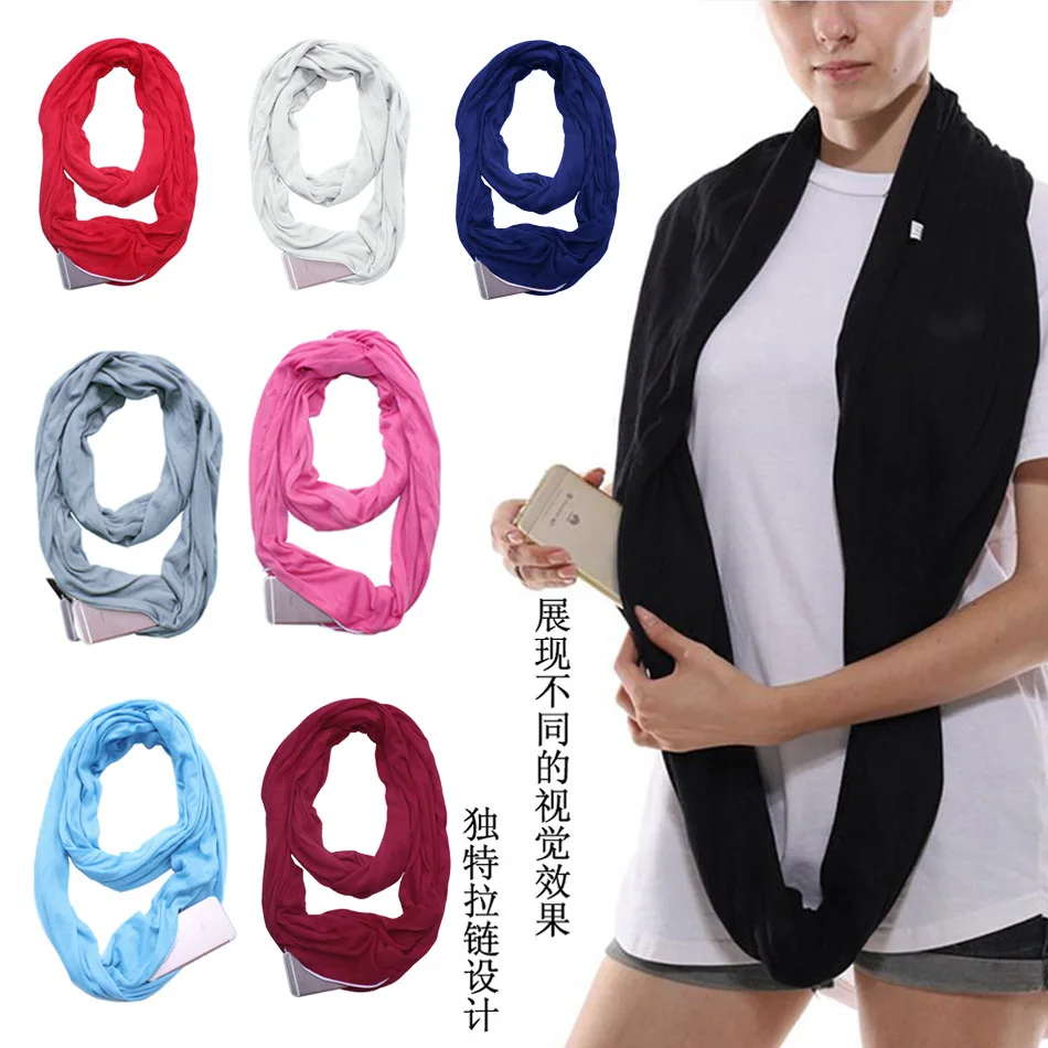 

2019 New Fashion Spring Women&Man Solid Infinity Portable Scarf with Zipper Pocket Travel Journey Unisex All Match High Quality