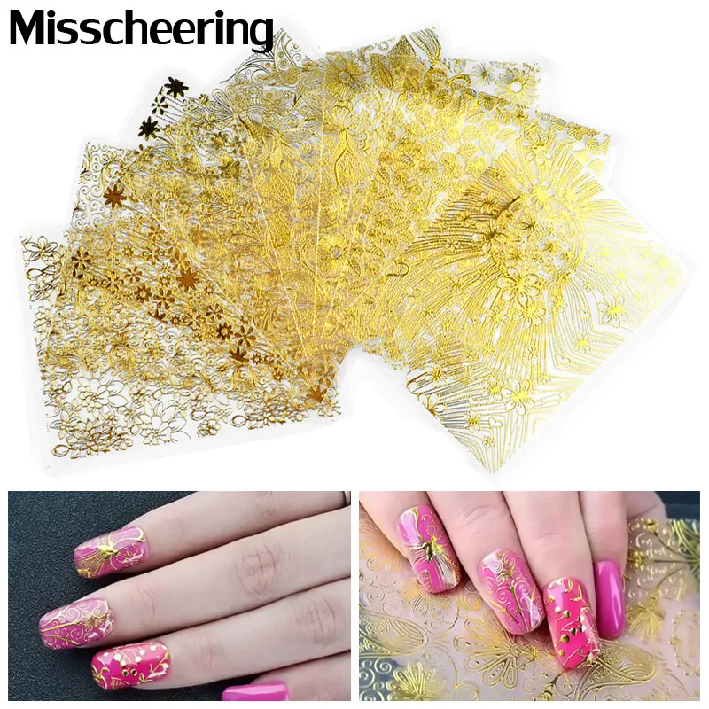 

8Pcs/Set Embossed Metallic Nail Stickers Blooming Flower Gold Silver 3d DIY Adhesive Tips Decals Stickers Nail Art Decorations