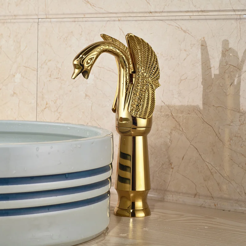 Golden Swan Shape Basin Tap Dual Handle Deck Mount Bathroom Faucet Solid Copper Golden Finish