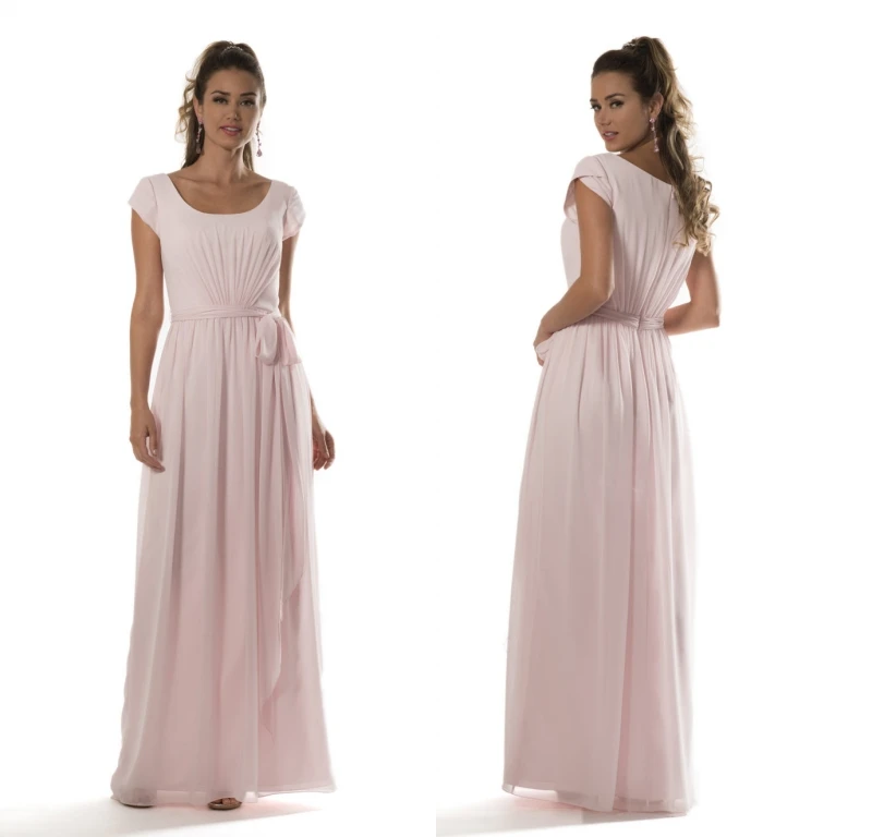 Light Pink Summer Modest Bridesmaid Dresses 2021 With Cap Sleeves A-line Sashes Country Beach Long Chiffon Wedding Party Dress | Свадьбы и