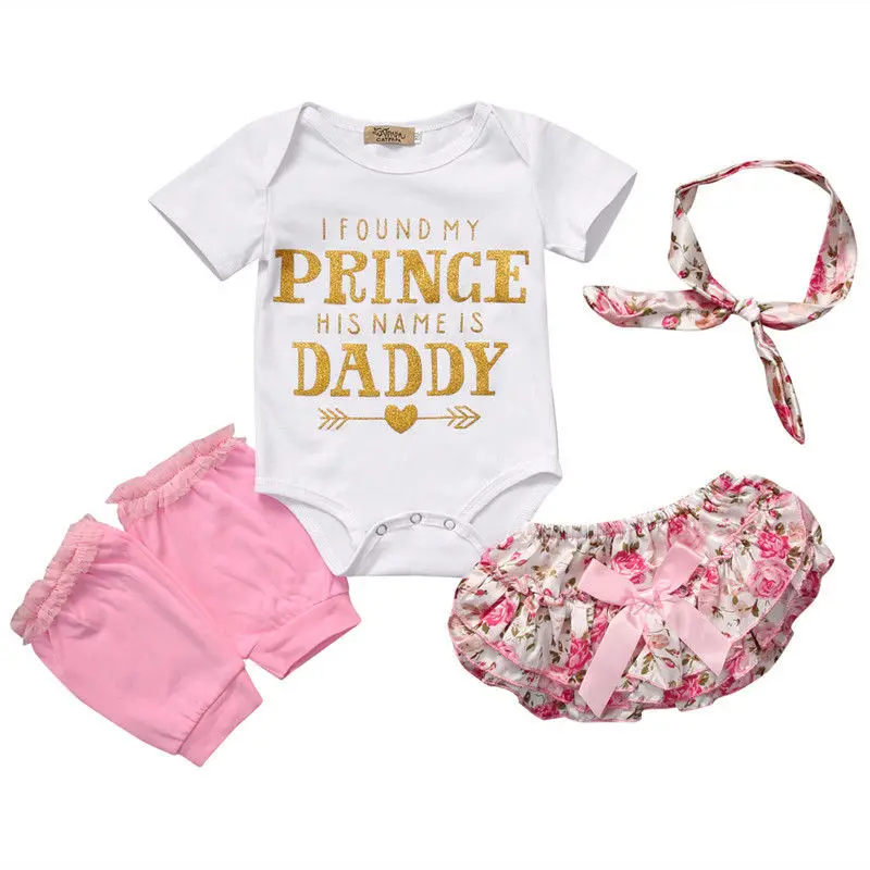 

I found my prince his name is daddy Short sleeve Romper Bodysuit Top,Floral Bloomers Shorts,Solid Leg Warmers Set For Baby Girl