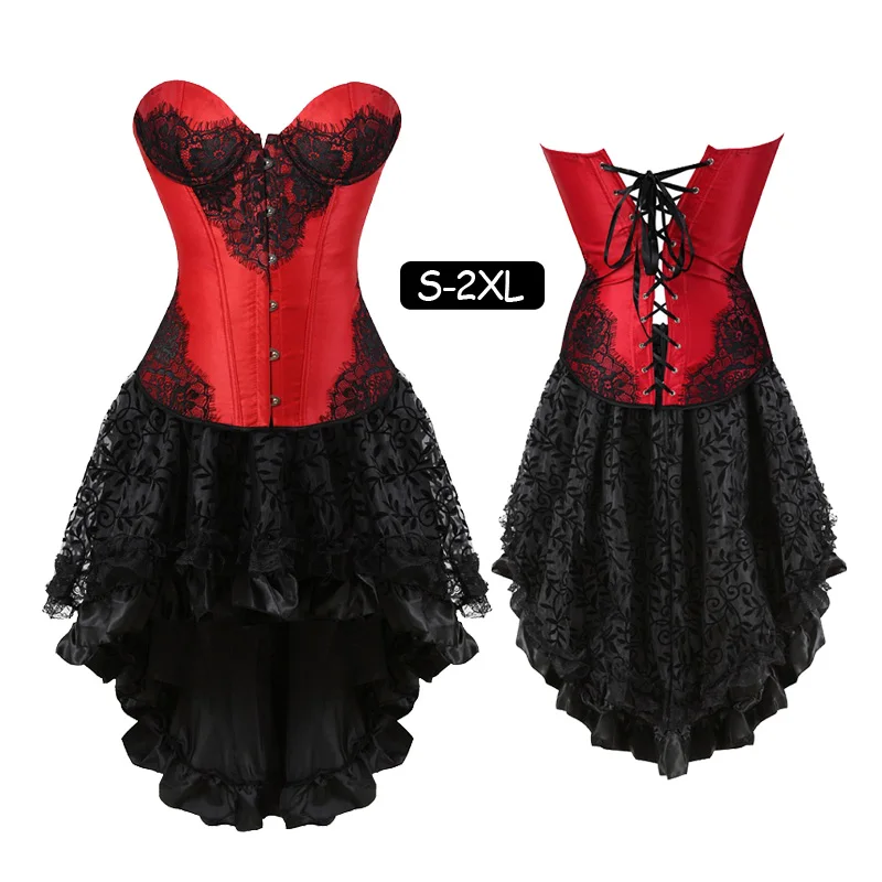 

Women's Red Bustier Skirt Halloween Costume Top Sexy Corset Dress Set Lingerie Girdle Lace Up Waist Cincher Corsets and Bustiers