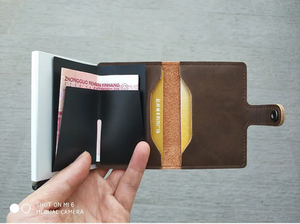 RFID Винтаж кожа ID кредитной держатель для карт мужской автоматический алюминий сплав Hasp Бизнес Универсальный визитница бумажник для мужчин