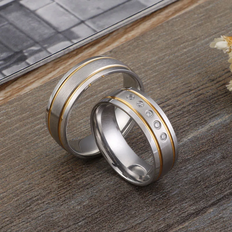 Alliance Wedding Rings Personality Cubic Zirconia Couple Rings for Women and Men Matte Finished Stainless Steel Lover Jewelry