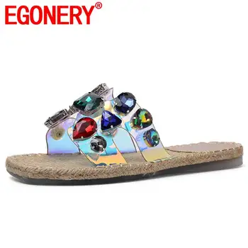

EGONERY fashion woman slippers 33-43 plus size beach flats width shoes summer red blue crystal sandals open toe women slides