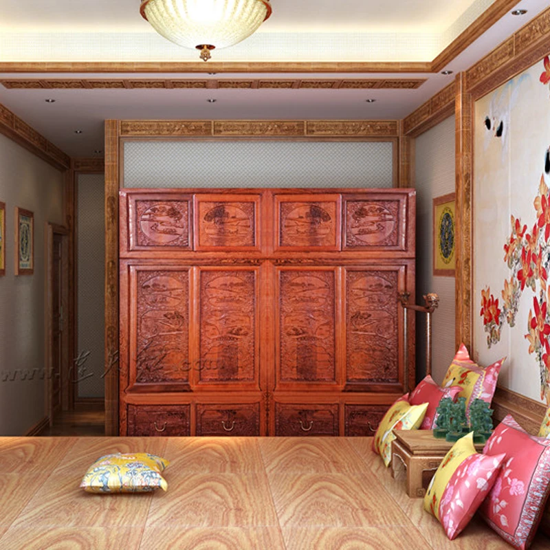 

Chinese Ming & Qing Classical Wardrobe Rosewood Carving Home Bed Room Cabinet Solid Wood Commode Antique Armoire Padauk Drawers