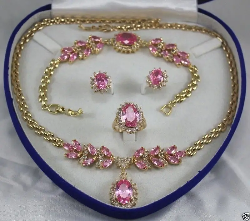 

Hot sale Free Shipping>>18GP natural pink zircon necklace 18 "bracelet 7.5" Earring Ring
