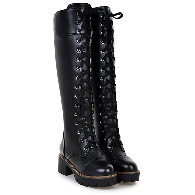 

Knee High Boots Platform Women Shoes Black White Block Heels Patent Leather Fashion Lace Up Shoes Ladies Winter Boots Plus Size