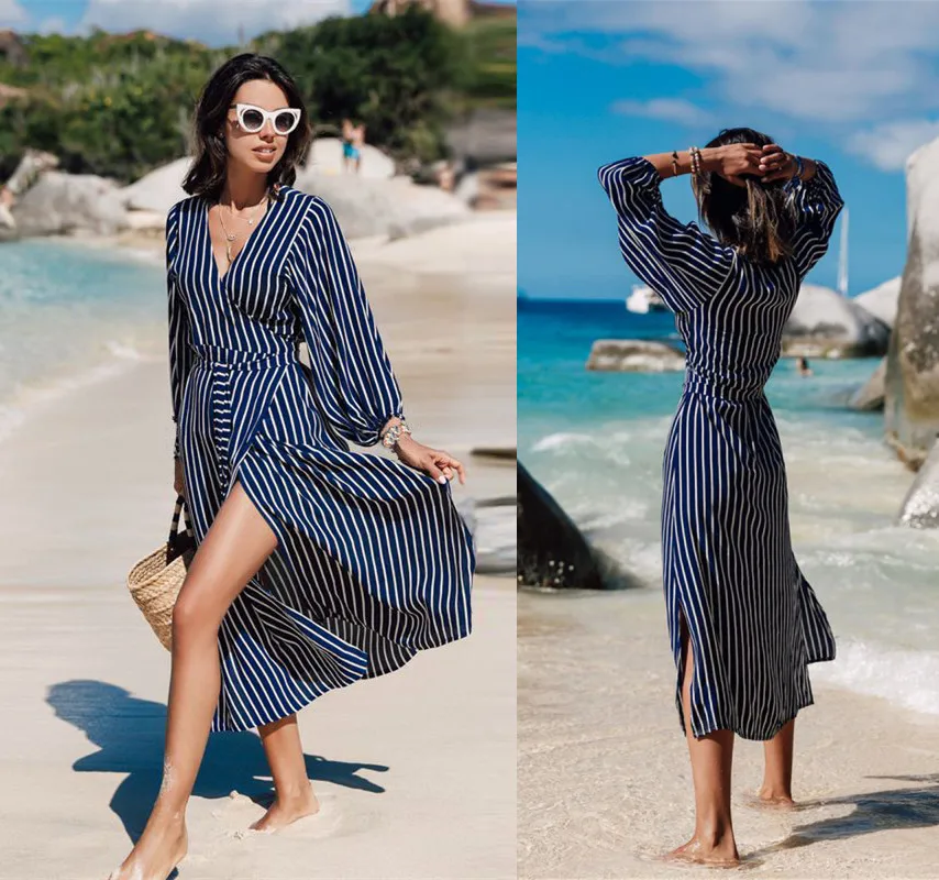 

Kaftan Beach Wear Cover Up Women's Plus Size Coverups For Women Bathing Suit Covers 2019 Zhangs Blue Striped High Waist Neck