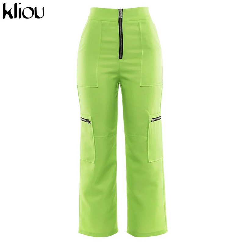 Kliou Весна новые зеленые женские штаны карго Высокая талия молния муха тренировки уличные флуоресцентные зеленые брюки с карманами брюки - Цвет: Зеленый