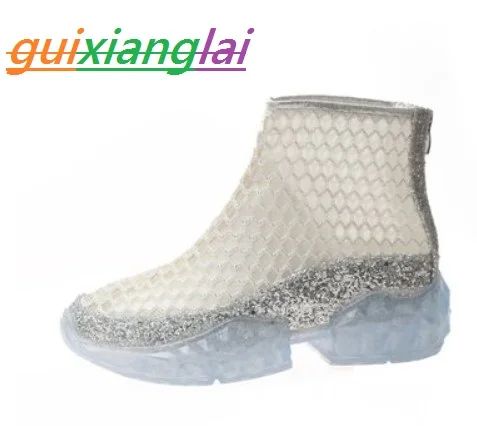 

2019 new crystal shoe flat bottom ankle boots with mesh sandals for ladies breathable mesh jelly single shoes