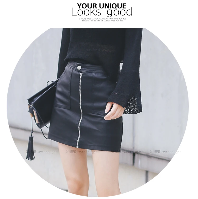 Autumn Winter Women Skirt PU Leather Sexy Mini Skirt With Pockets Zipper A-line Package Hip High Waist Women Clothing