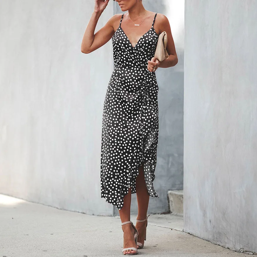 

ZADORIN Spaghetti Strap Sexy V Neck Polka Dot Long Summer Dress Women Backless Ruffle Black Party Club Boho Dress Robe femme