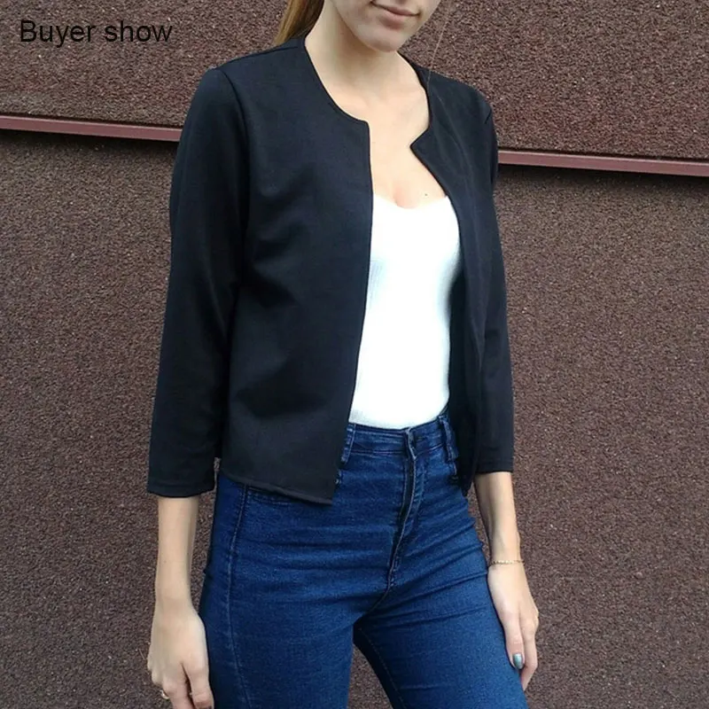 Short Three Quarter Slim Business Blazers Women Solid No Collar Open Stitch Suits Office Ladies Elegant Blazer Spring Autumn