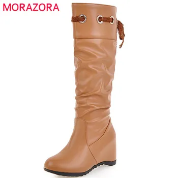 

MORAZORA Large size 34-43 fashion boots for women PU soft leather knee high boots height increasing shoes spring autumn