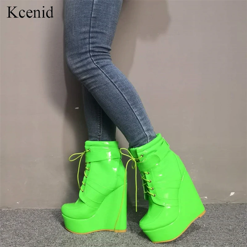 

Kcenid Super sexy green blue ankle boots for women fashion round toe lace-up wedges boots ladies yellow shoes woman plus size 44