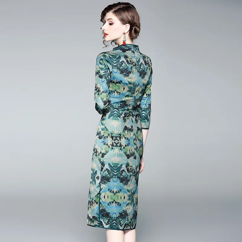 Gamme 2018 Oycp morceaux Femmes Automne Piste Élégante Robe Mince Mi Haut Vintage La De D'un Imprimé Vert 80929 Élégant X11dqw