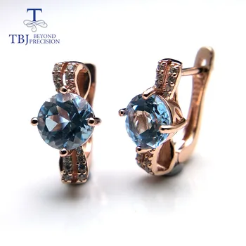 

TBJ, new deisgn Natural gemstone Sky blue topaz clasp earring 925 sterling silver rose gold color fine jewelry for girl gift