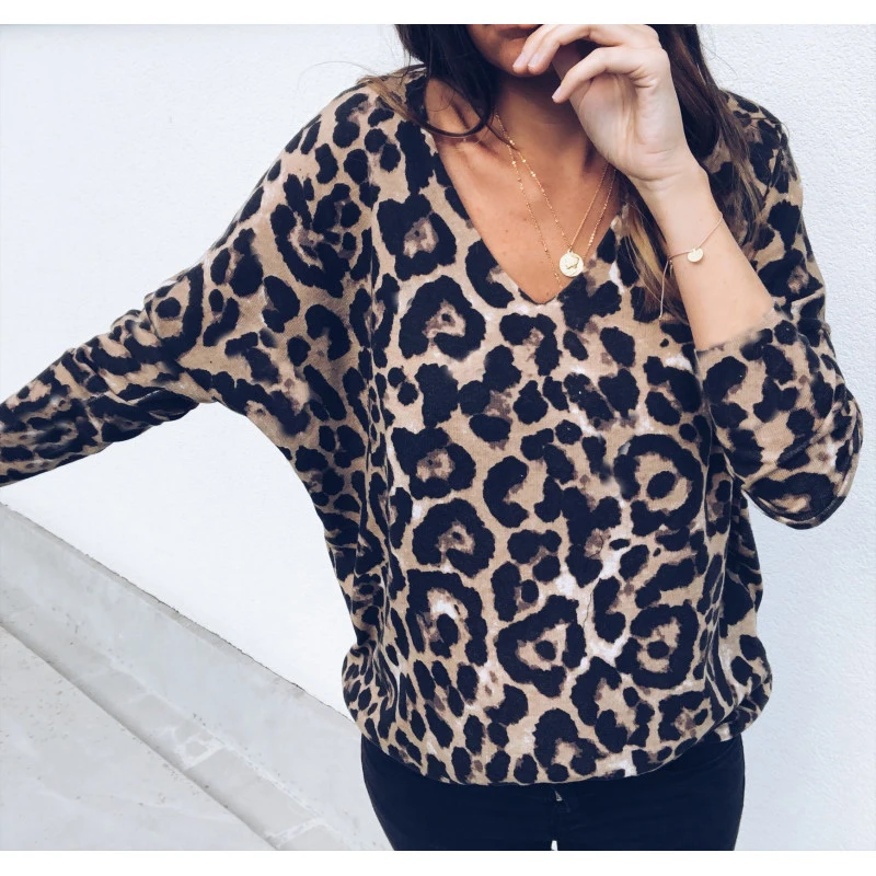 Модные женские новые Стрейчевые свободные V образным вырезом сексуальные леопардовые принты Блузки Топы женские повседневные с длинным рукавом осенние зимние рубашки в леопардовой раскраске горячая распродажа
