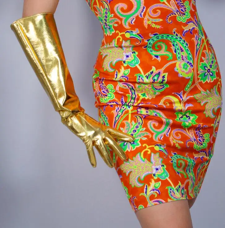 Женские золотые длинные перчатки из искусственной кожи, женские ультра длинные модные длинные кожаные вечерние платья, Золотая перчатка 70 см R975 - Цвет: wide sleeve 50 gold