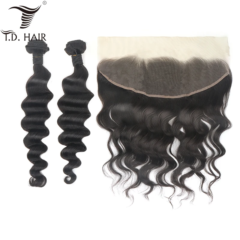 

TD HAIR Peruvian Loose Wave Human Hair Bundles with Pre Plucked Hair Line Frontal Lace Closure 13*4 Unprocessed Cuticle Aligned