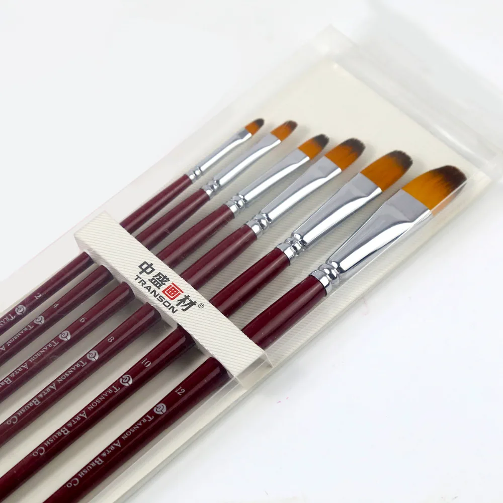 6PCS Transon213 filbert head nylon artist brush set, red handle painting brush, oil brush-in 