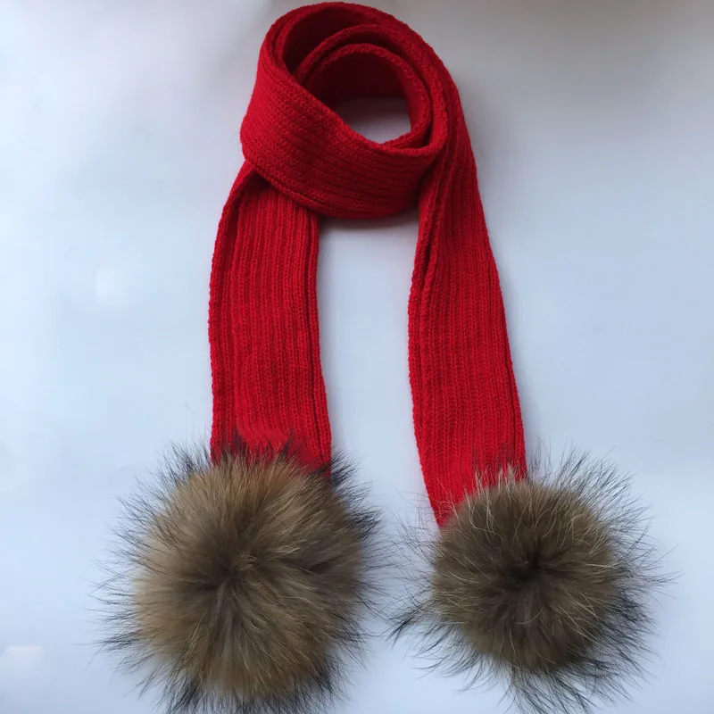 150*16cm crochet Children Scarf wool Knitted Winter Fur Scarves With Detachable Real Raccoon Fur Pom Poms neckwarmer scarf