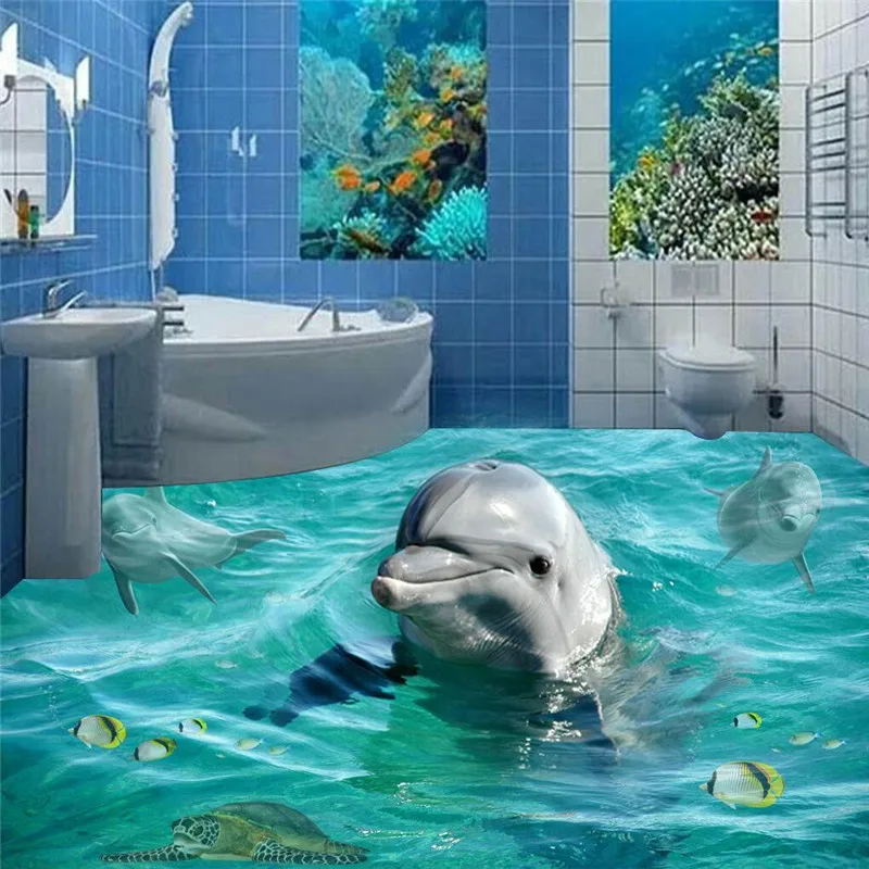 beibehang Photo Floor murals Wallpaper-3D Stereoscopic Dolphin Ocean Bathroom Murals PVC Wallpaper Self-adhesive wall painting