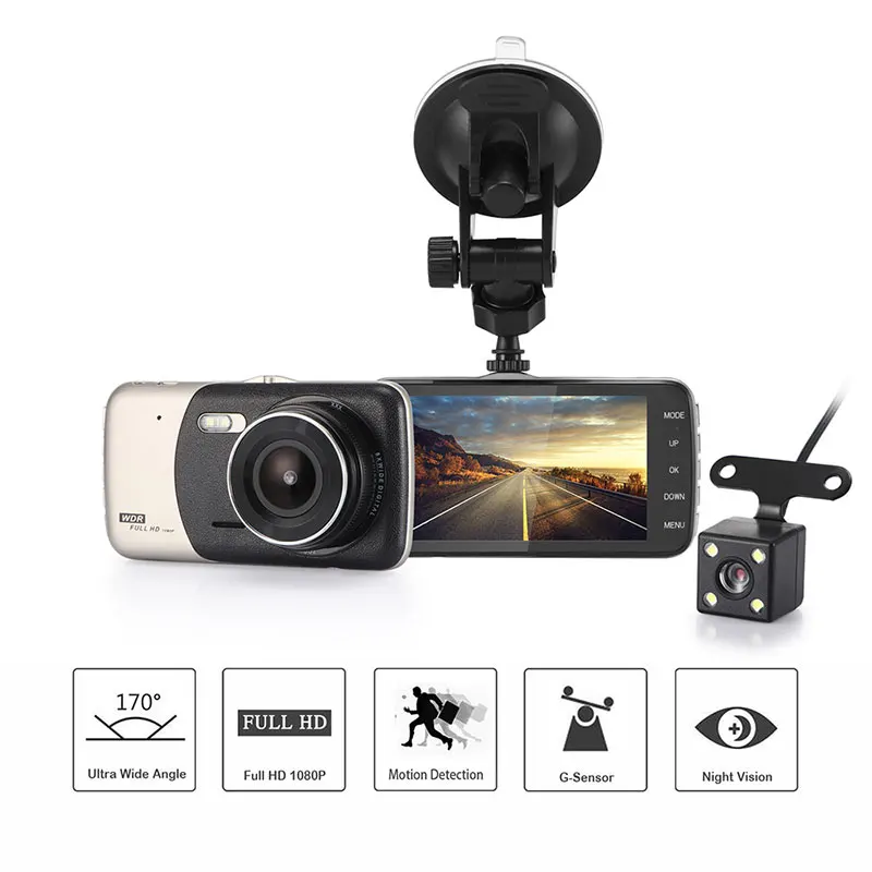 Olysine, 4 дюйма, Full HD, 1080 P, Автомобильный видеорегистратор, камера с двумя объективами, тире Cam, ips, авто видео рекордер, металлический корпус, регистратор с двумя камерами
