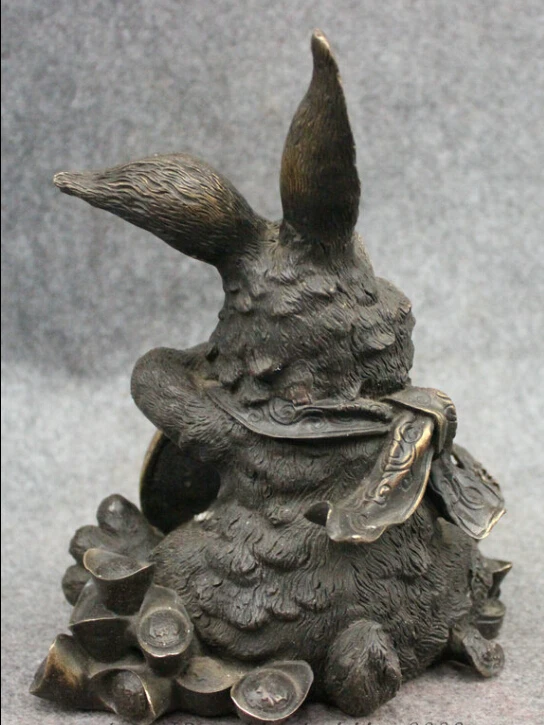 

S0367 9" Folk Chinese Year Zodiac Bronze RuYi Coin Wealth Lovely Rabbit Statue Animals