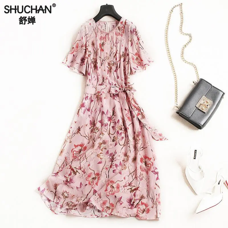 

Shuchan 2019 Silk Dress Prairie Chic Print women summer dresses with short sleeve Sashes newest womens designer dresses 2167