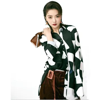 

Elegant Casual Blouse 2019 High Quality Runway Women Turn Down Collar Long Sleeve Printed Shirt Basic Top NPT003MF