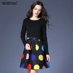 MUSENDA плюс Размеры Для женщин элегантный черный горошек лоскутное Пояса короткое платье; 2018 осень женский сладкий Платья для вечеринок Vestido