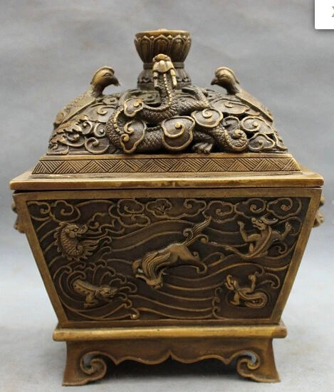

wan67028+++8" Chinese Bronze Animals Dragon Lion Head Statue Box Incense Burner Censer