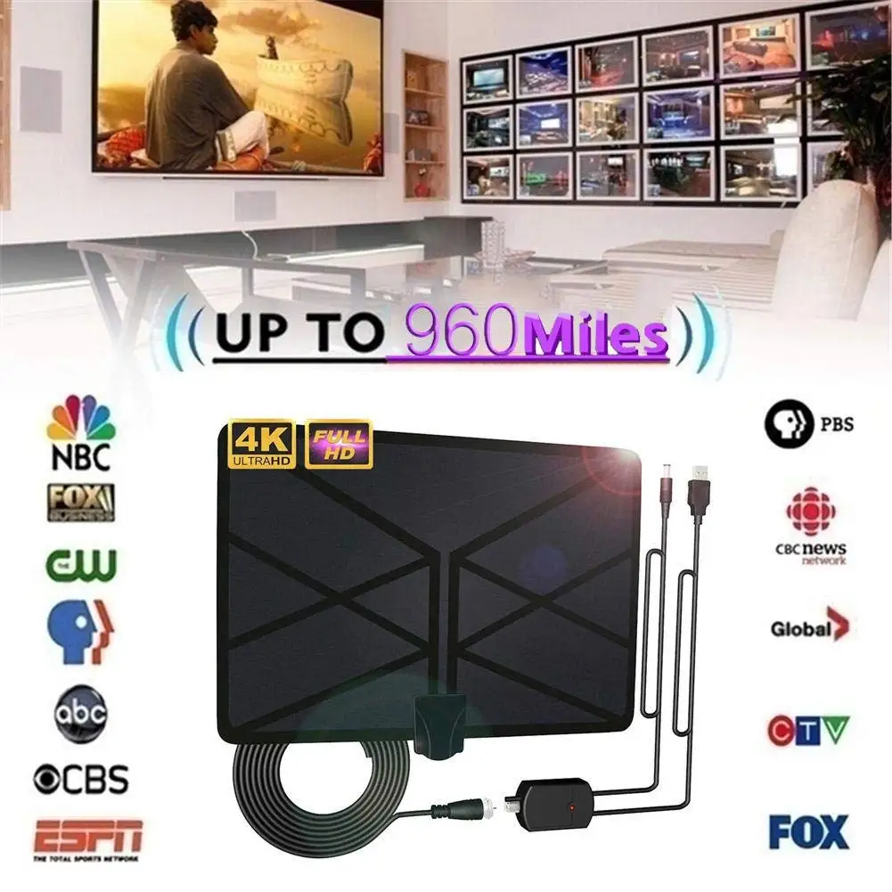 

TV Aerial Indoor Amplified Digital HDTV Antenna 4K HD DVB-T Freeview TV for Local Channels Broadcast Home Television 960 Miles