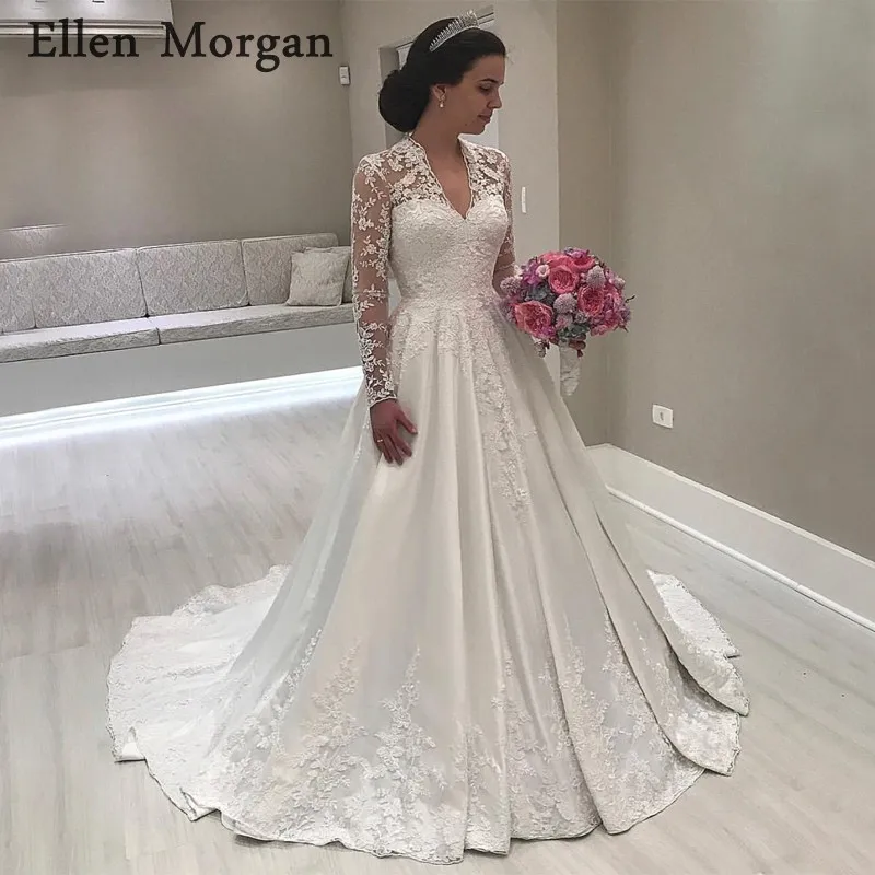Vintgae Long Sleeves Satin Wedding Dresses 2019 Sexy V Neck Floor