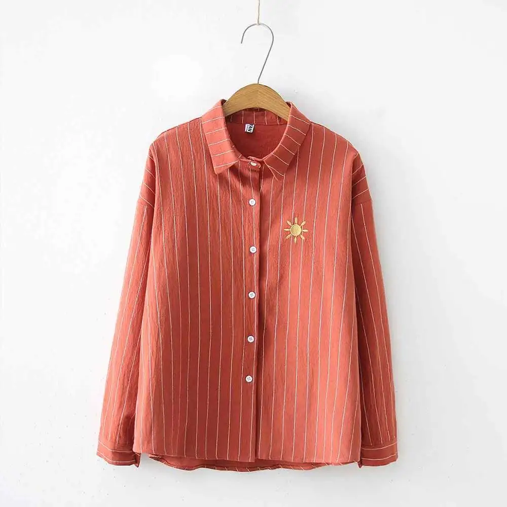 Новинка, полосатая рубашка, Офисная Женская одежда, на пуговицах, с отложным воротником, хлопковая блузка, с вышивкой,, 8d418m - Цвет: Red