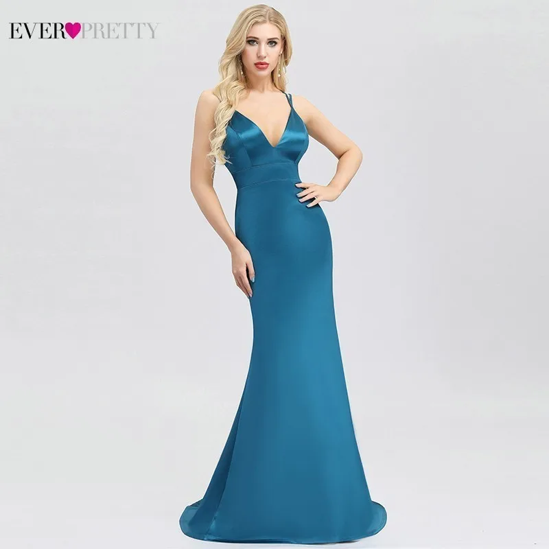 

Sexy Sparkle Satin Mermaid Evening Dresses Ever Pretty V-Neck Spaghetti Straps Teal Formal Party Dresses With Sweep Train 2019