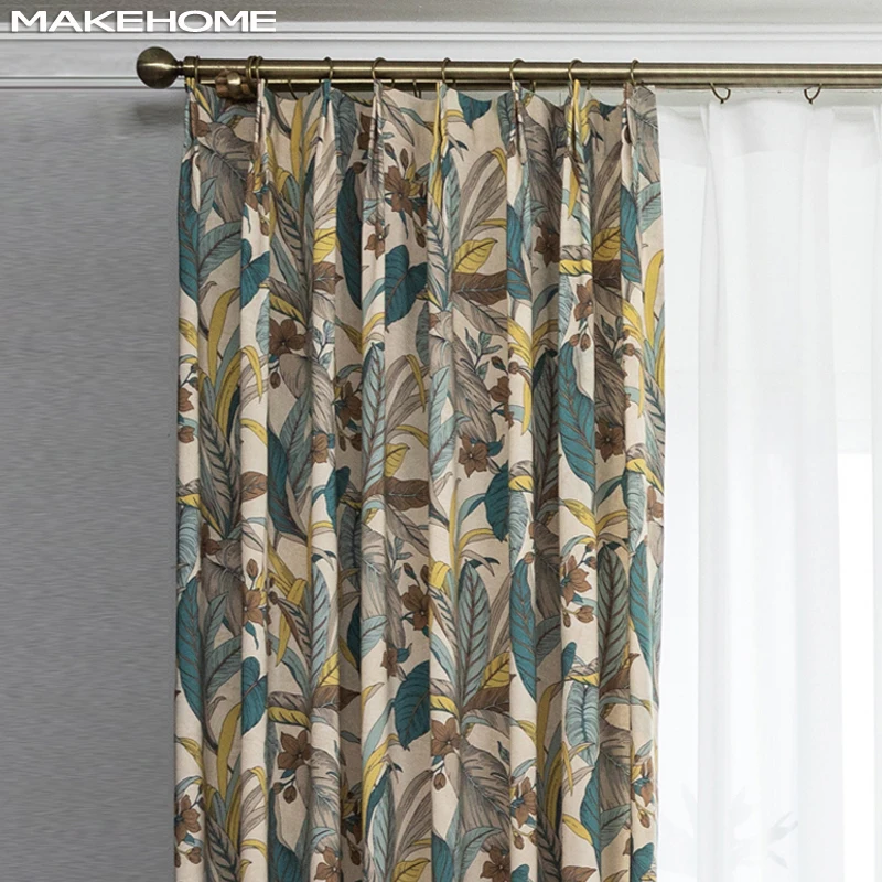 

MAKEHOME Pastoral Leaves Printed Faux Linen Curtains for Bedroom for Living Room Sheer Voile Curtains Window Drapes