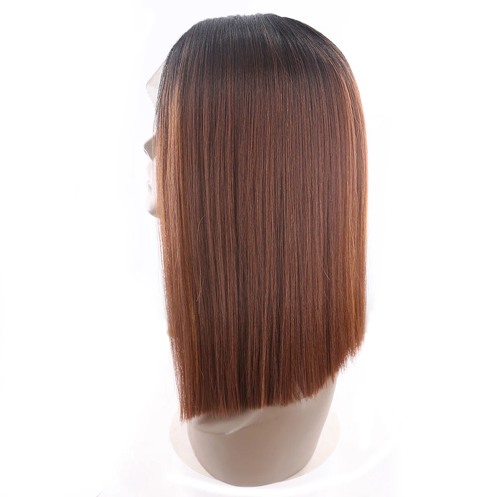 Ombre Black Blonde Red Color Yaki Straight Lace Front Wigs X-TRESS Blunt Natural Hairline Middle Part Synthetic Cosplay Lace Wig