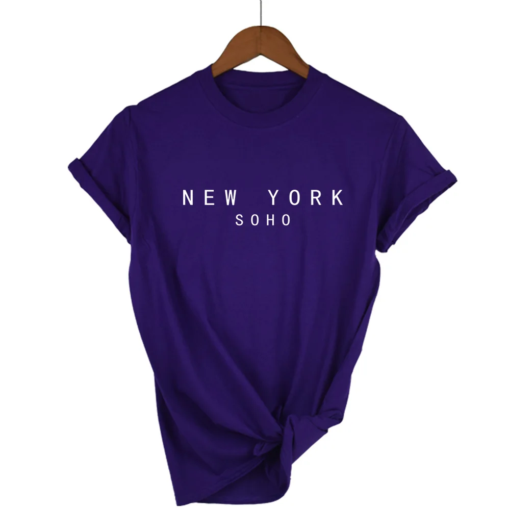 Нью-Йорк Сохо письмо женские футболки хлопок Повседневная забавная футболка для Леди Топ хипстер черный белый серый Прямая поставка - Цвет: Purple-W