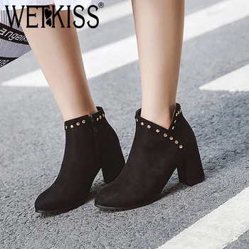 

WETKISS Simple Fashion Sexy Bootie Solid Metal Decor Women Ankle Boots Round Toe Thick Heel High Shoes Non Slip Zip Female Boots