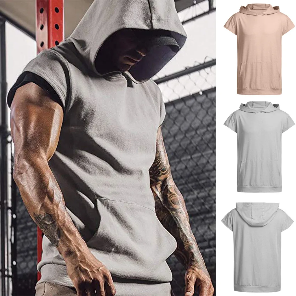 

Men's Running Vest Summer Casual Hooded Pocket Tank Tops Short Sleeve Sport Top Vest Bodybuilding Gym Workout Mens Clothes 2019