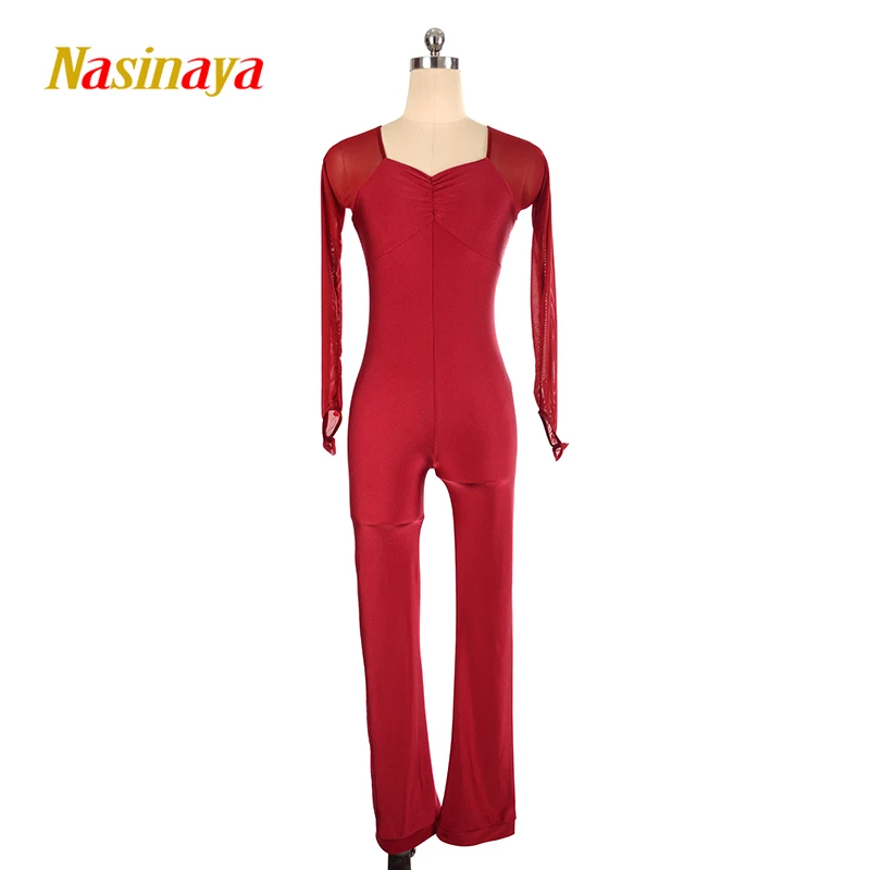 Nasinaya Figure Skating Tights Long Sleeve Jumpsuit Girl Kids Woman Skating Costume Gymnastics Mesh Sleeves
