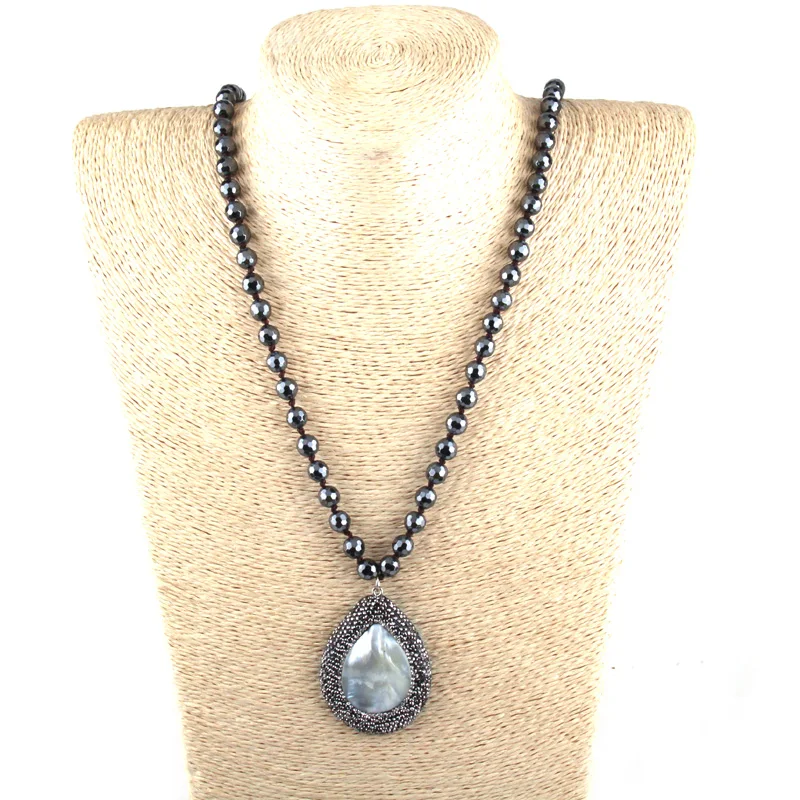 

Fashion Faceted 8mm Hematite Stone Long Knotted Handmade Crystal Paved Shell Drop Pendant Necklaces Women Ethnic Necklace