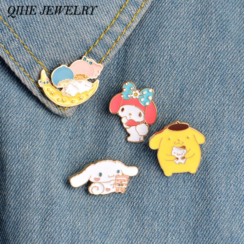 

QIHE JEWELRY 4pcs/set Kawaii Bunny Puppy My Melody Enamel Pins Collar Hat Lapel Pin Japanese Cartoon Jewelry Bunny Jewelry