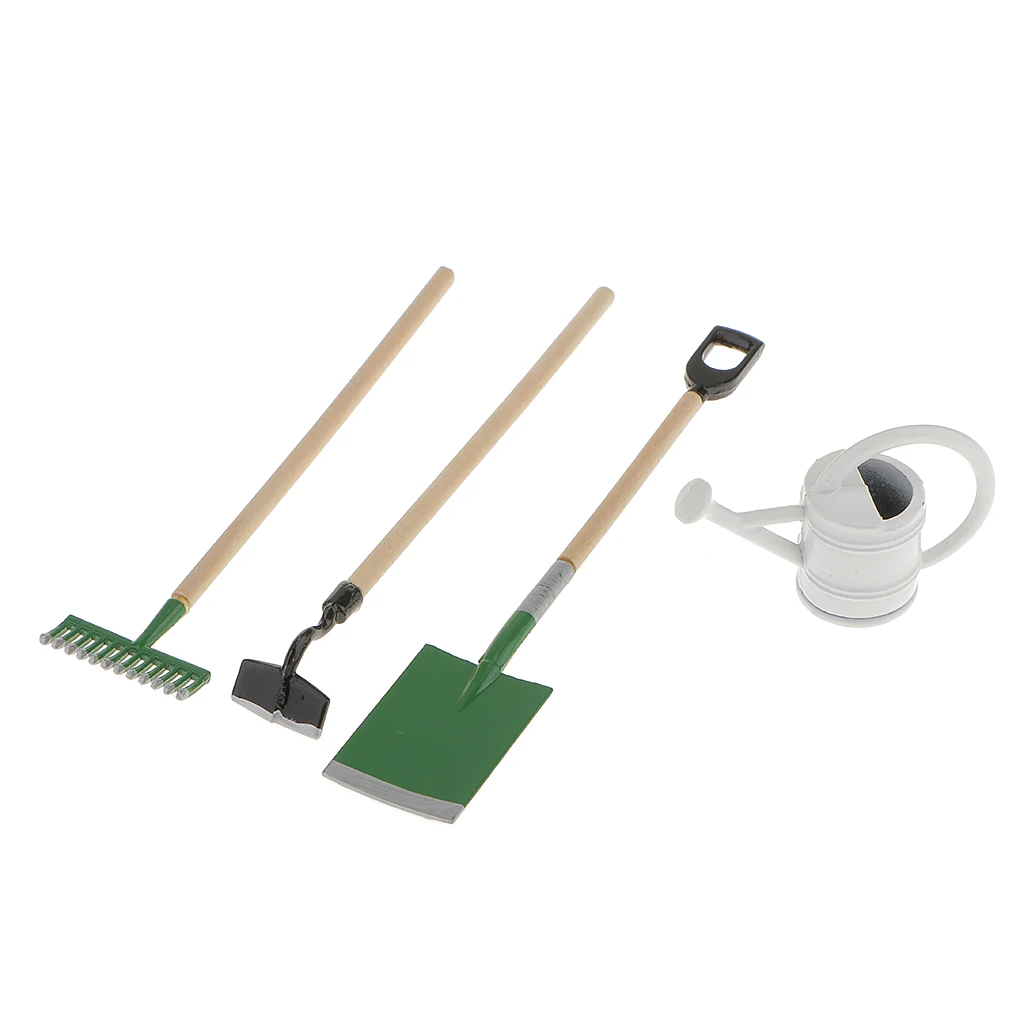 Set of 4 Pieces Miniature Garden Tools Watering Pot Shovel Hoe Rake Dollhouse Accessory